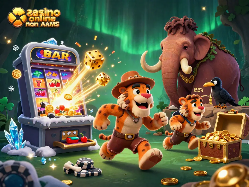 Gioca in un casino online non AAMS con una scena vivace di personaggi che interagiscono e slot machine esplosive.