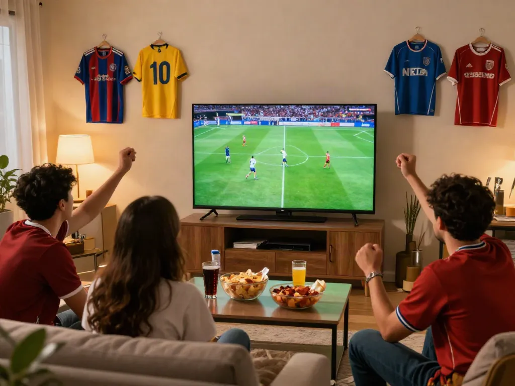 Fans enjoying live soccer on https://thapcamtv.ac/ in a cozy living room with jerseys and snacks.