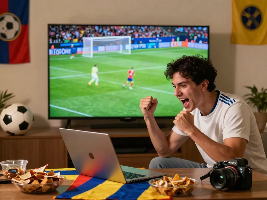 Soccer fan watching live matches on XoilacTV while celebrating goals and enjoying snacks.