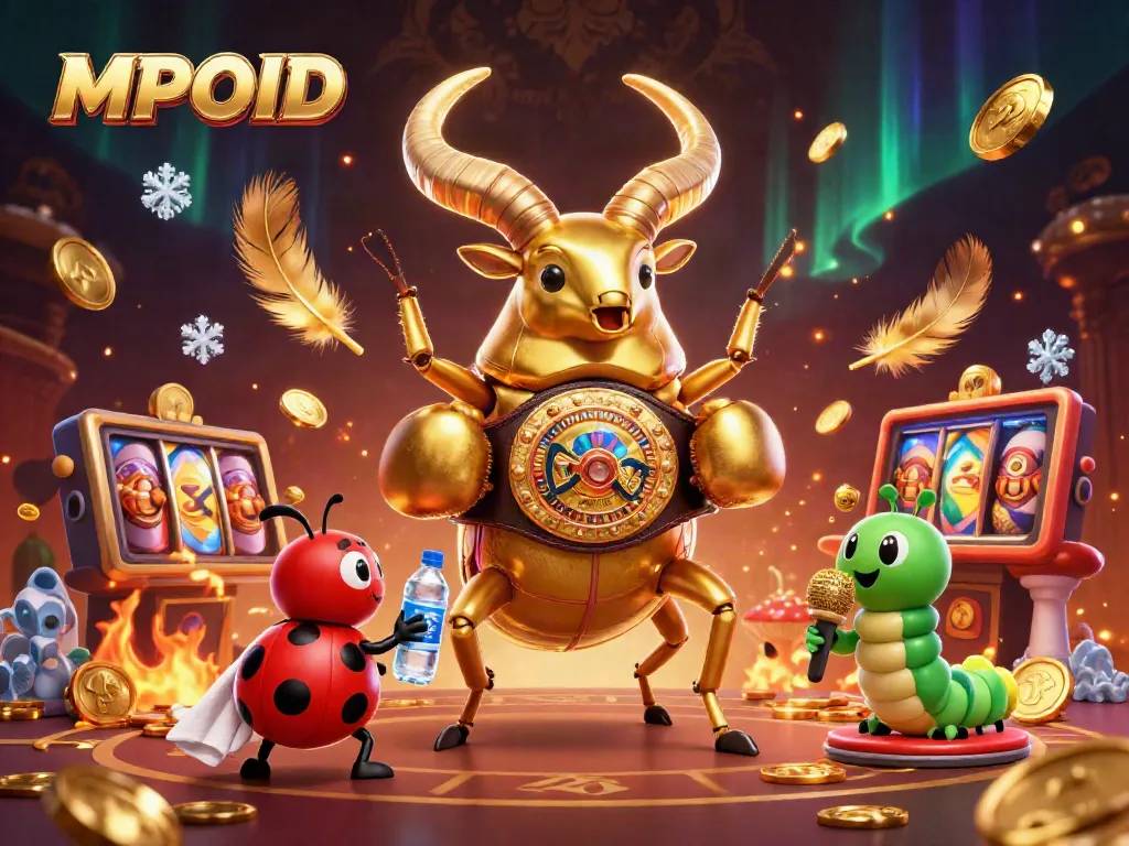 MPOID showcases a 3D golden stag beetle ready for battle in a vibrant casino arena filled with dynamic gaming elements.