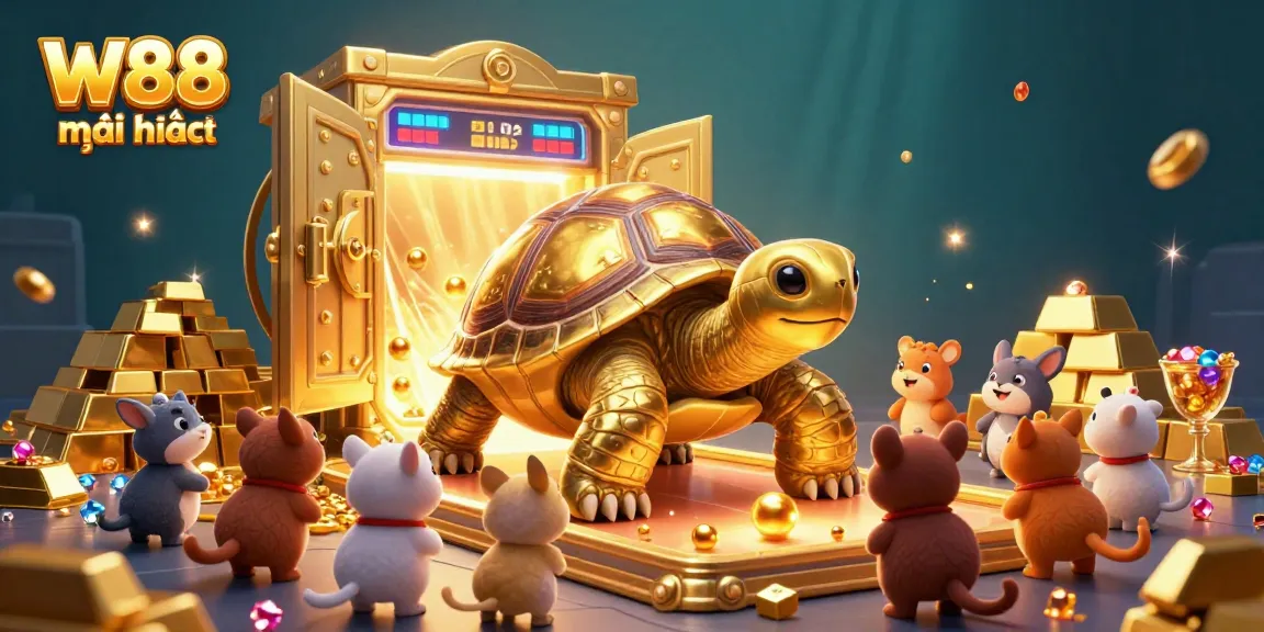 Experience thrilling gameplay with W88 mới nhất in this vibrant 3D casino scene filled with golden treasures and whimsical characters.