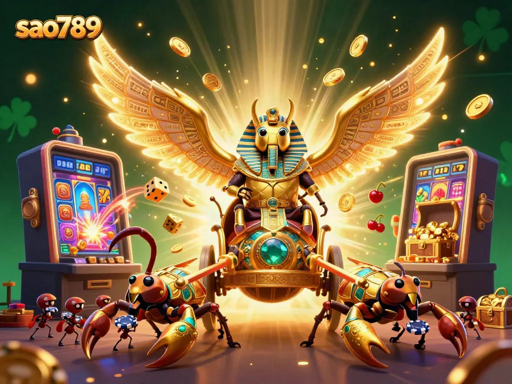 Sao789's thrilling casino scene with a golden scarab beetle, slot machine bursting with coins.