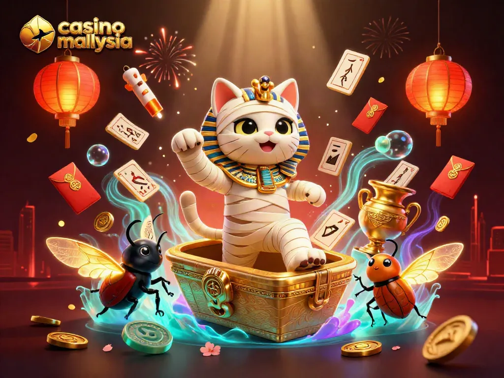 Engage in exciting gameplay at casino online Malaysia with a vibrant illustration featuring unique characters and immersive casino elements.
