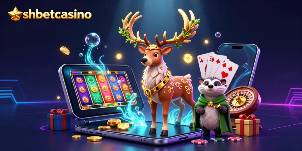 Experience winning excitement with shbetcasino's vibrant 3D illustration showcasing popular games and characters.