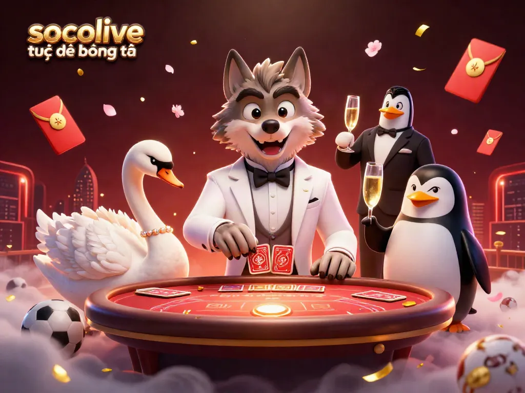 Experience socolive trực tiếp bóng đá with a dynamic illustration of a wolf, swan, and penguin in a vibrant casino.