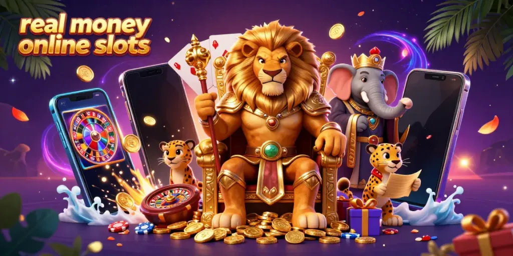 Discover real money online slots with a vibrant 3D illustration of a king, an advisor, and a cheetah amidst dynamic casino elements.