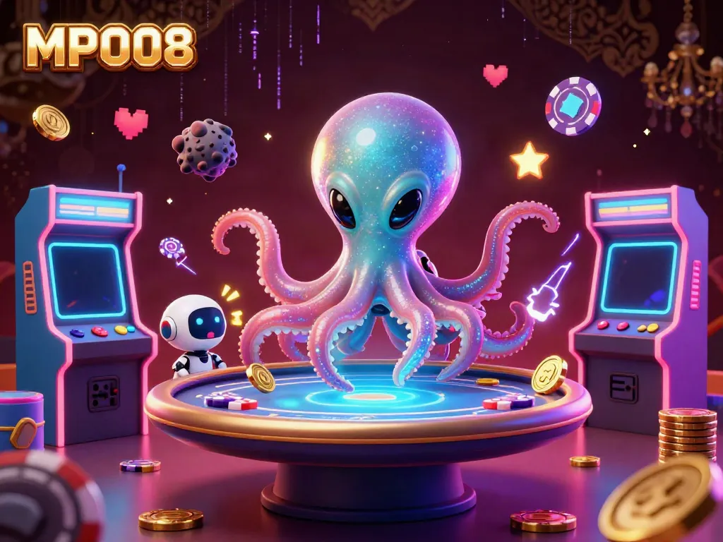 MPO08 alien octopus at a holographic poker table with exciting game elements in a galactic casino scene.