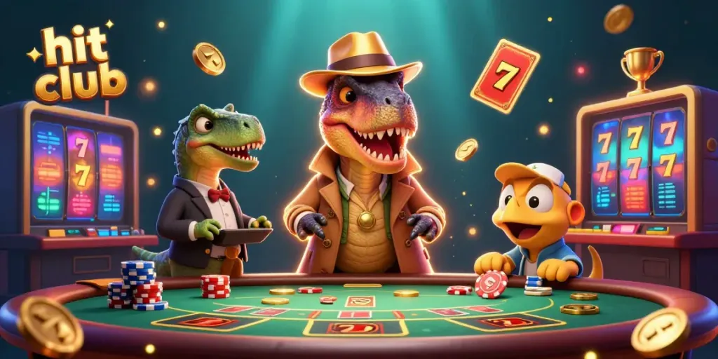 Hit club scene depicts a velociraptor card counter at a vibrant blackjack table.