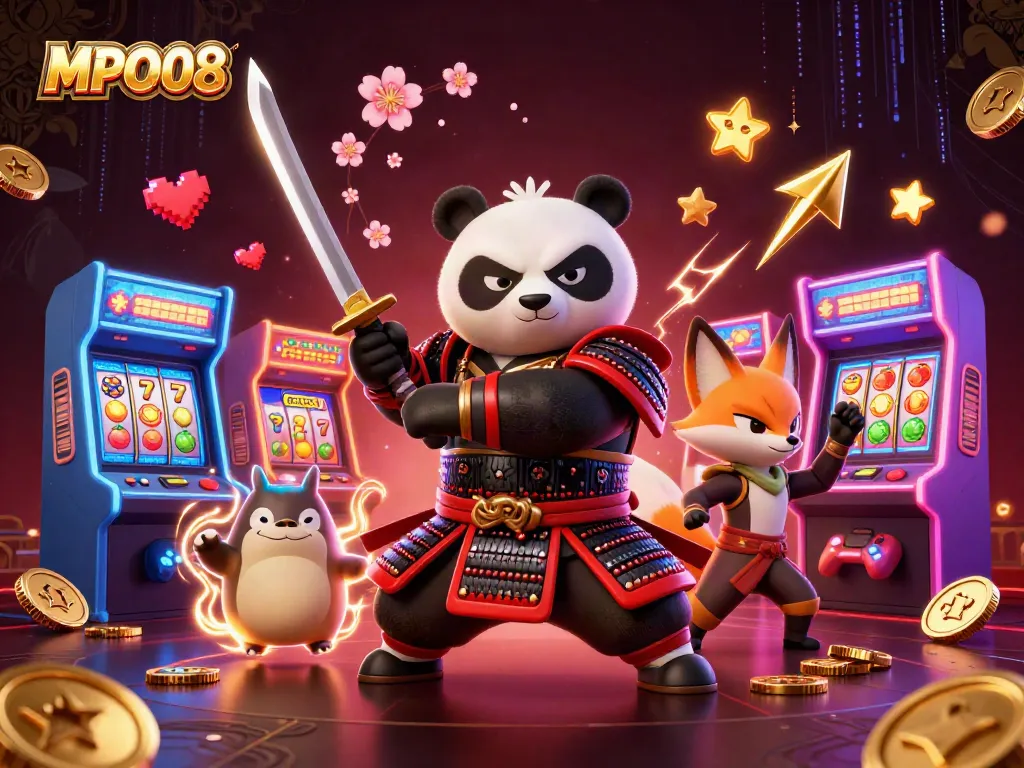 MPO08 showcases high-energy gaming with a samurai panda and ninja fox amidst vibrant casino elements.