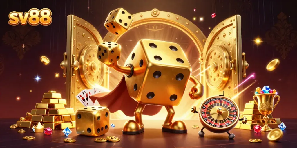 Engage with sv88's dynamic 3D gambling scene featuring a golden dice golem and vibrant casino elements.
