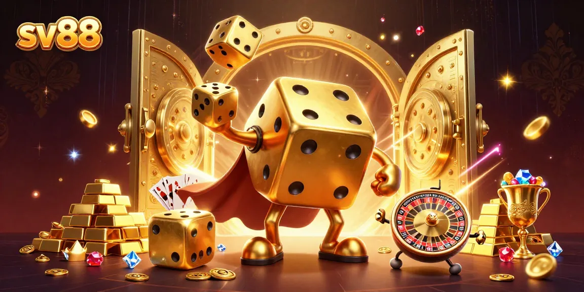 Engage with sv88's dynamic 3D gambling scene featuring a golden dice golem and vibrant casino elements.