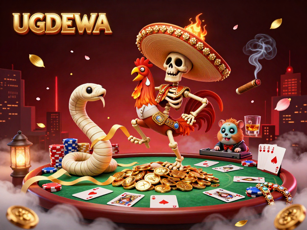 Experience excitement with UGDEWA's vibrant scene featuring a dancing skeleton, mummy snake, and DJ hamster amid golden coins and poker elements.