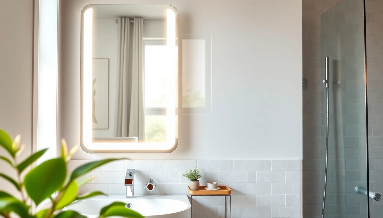 Enhance your space with a stylish mirror and led lights, reflecting a modern bathroom ambiance.