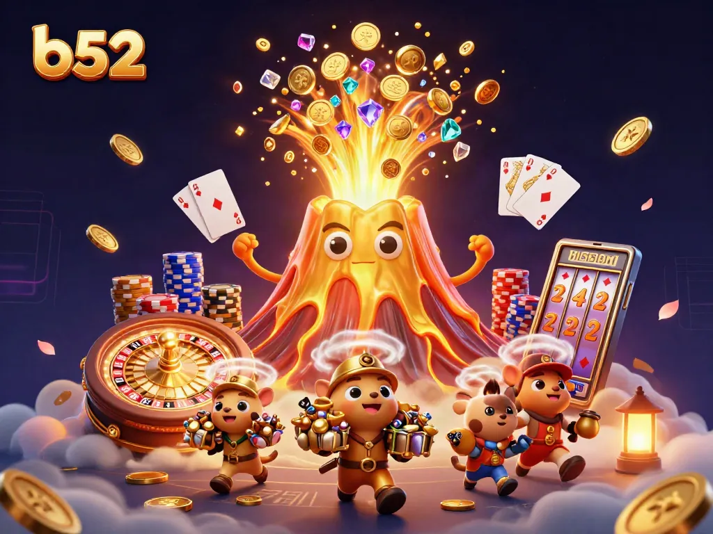 Engaging b52 casino scene with golden volcano, treasures, and dynamic gambling elements.