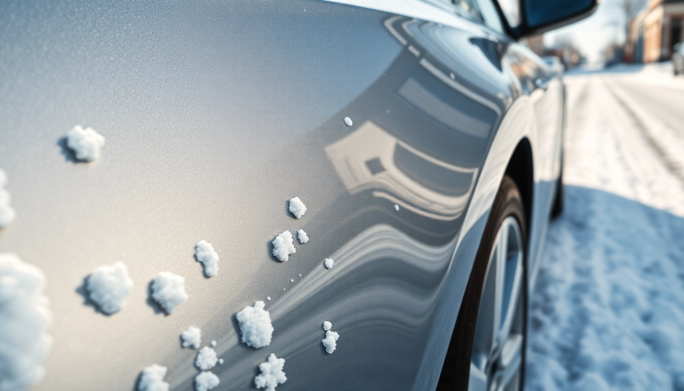 Enhancing PPF winter road salt protection on a vehicle highlighted in a snowy urban setting.