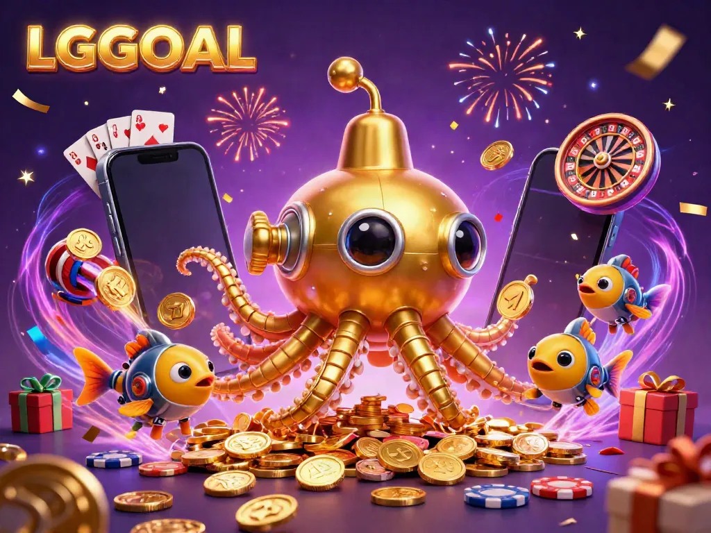 Experience thrilling gameplay with LGOGOAL in a vibrant illustration featuring a golden kraken submarine and slot machines.