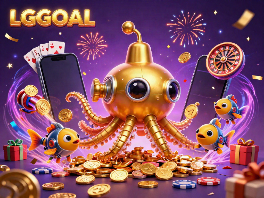 Experience thrilling gameplay with LGOGOAL in a vibrant illustration featuring a golden kraken submarine and slot machines.