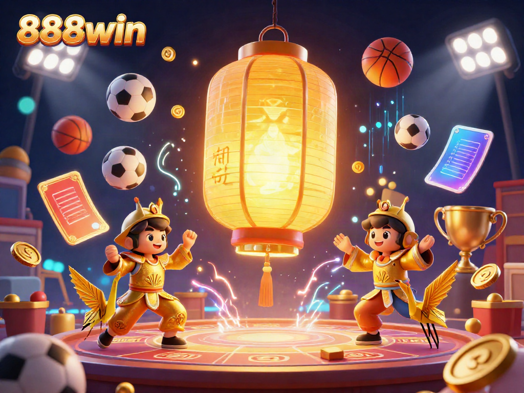 Engage with 888win at the vibrant night market casino atmosphere featuring a golden lantern spirit and dynamic sports elements.