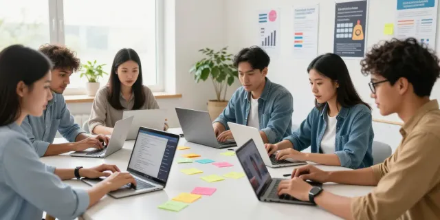 Collaborative scene of diverse adult learners engaging in khóa học online at a modern workspace.