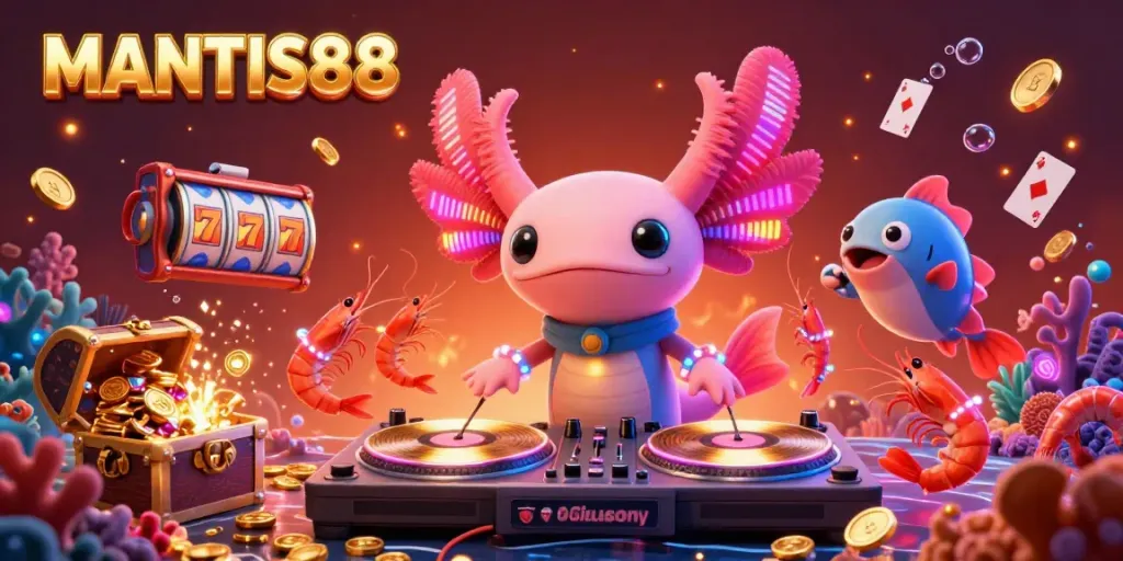 Engage with the MANTIS88 casino scene featuring vibrant characters and dynamic gaming elements.