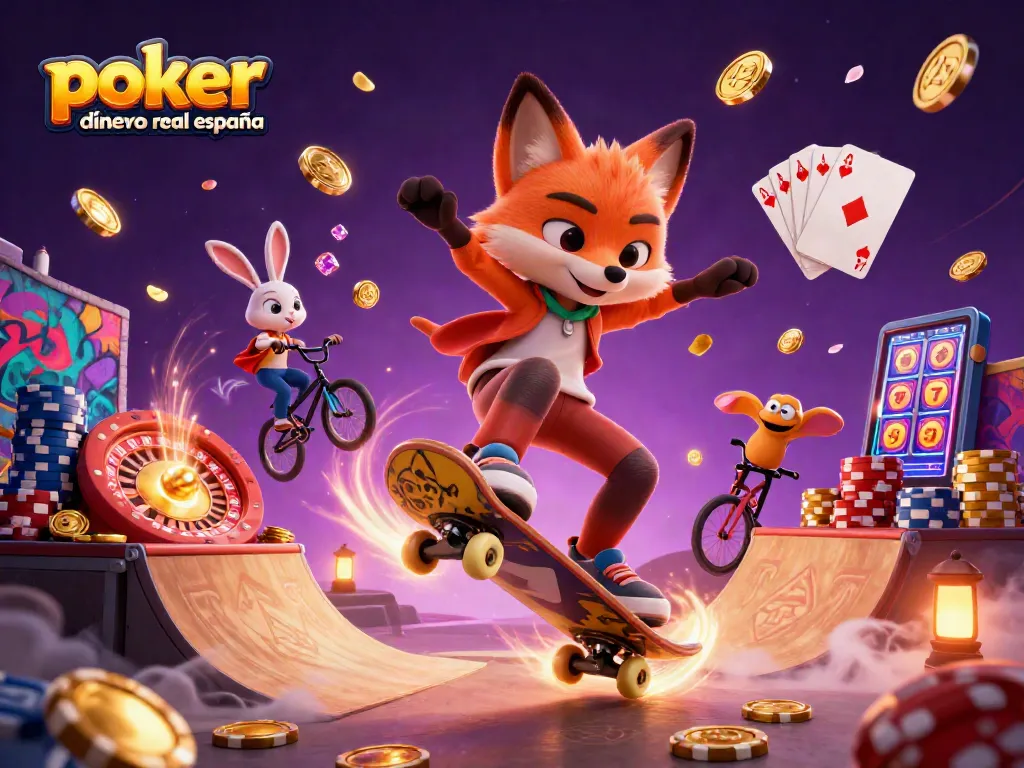 Póker online dinero real España con una ilustración de un zorro haciendo un truco sobre fichas de póker doradas.