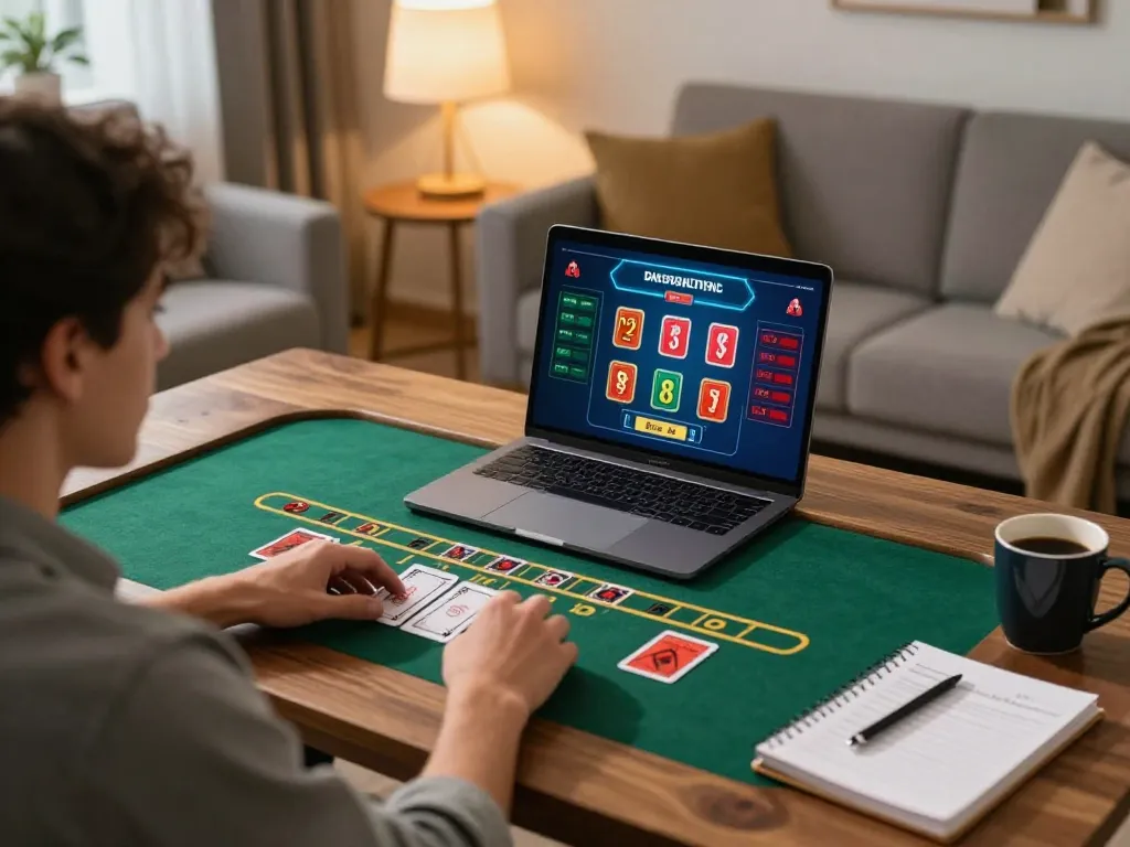 nhà cái tặng tiền during exciting blackjack game in cozy home setup with strategic notes.