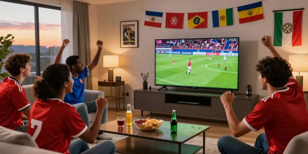 Friends enjoying a live football match at https://cakhiatv.team/ in a cozy living room, full of energy and excitement.
