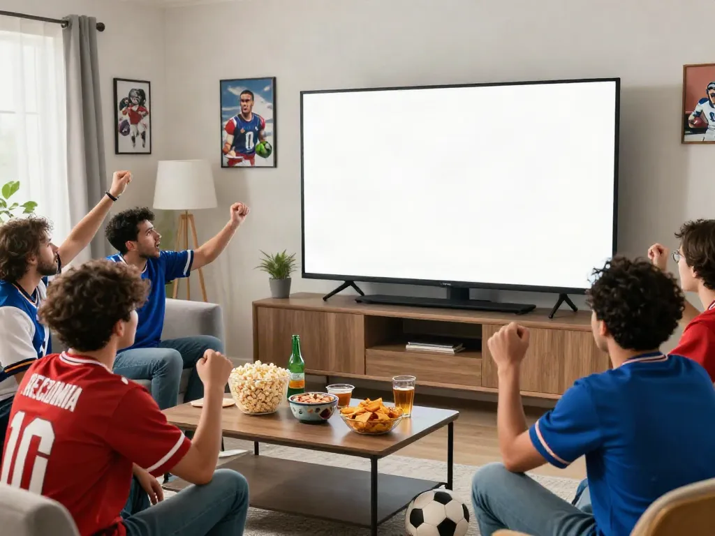 Fans enjoying a live match on GavangTV study, surrounded by snacks and memorabilia, creating a lively atmosphere.