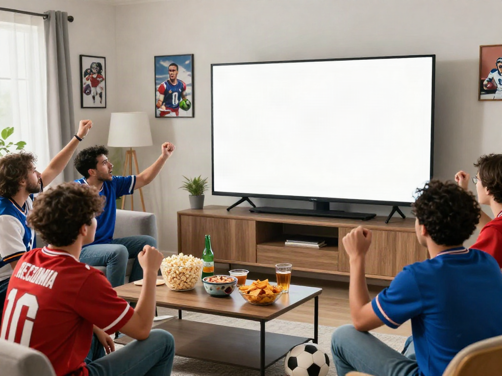 Fans enjoying a live match on GavangTV study, surrounded by snacks and memorabilia, creating a lively atmosphere.
