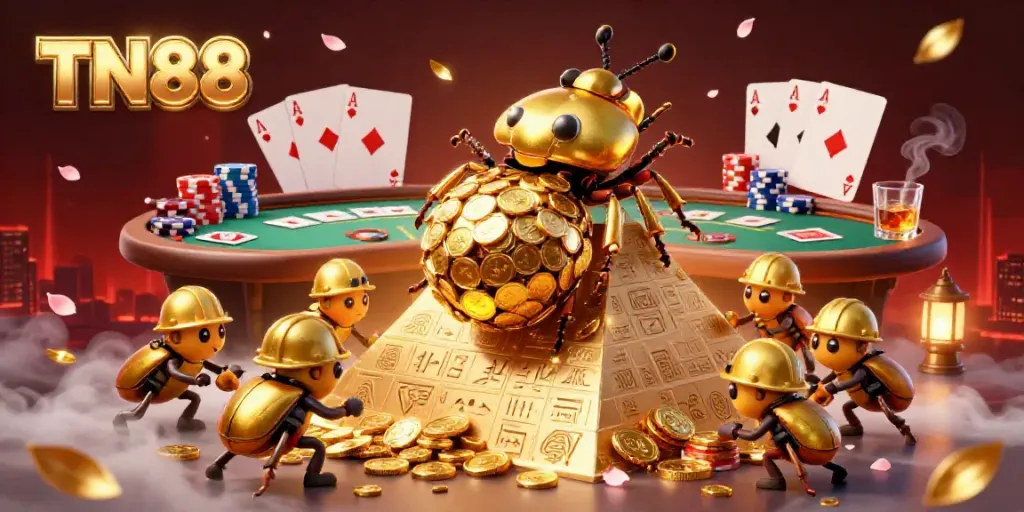 Experience TN88's thrilling casino adventure with 3D beetles and golden coins while playing!