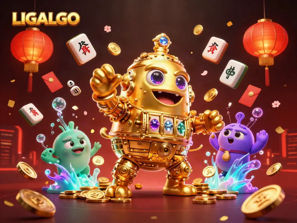LIGALGO features a vibrant 3D scene showcasing a golden golem surrounded by gaming elements, highlighting vibrant casino excitement.