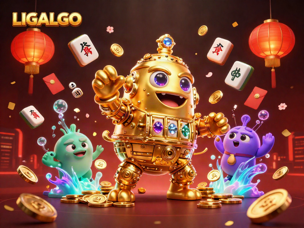 LIGALGO features a vibrant 3D scene showcasing a golden golem surrounded by gaming elements, highlighting vibrant casino excitement.