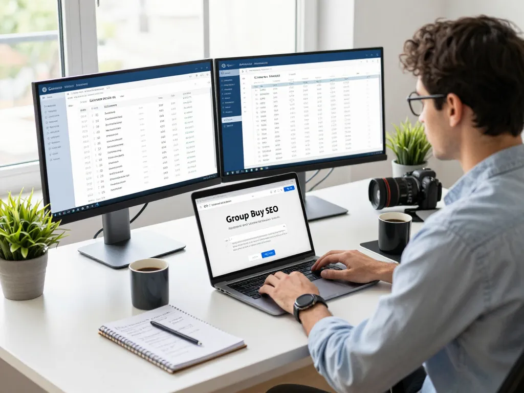 SEO expert analyzing group buy SEO tools in a modern workspace.