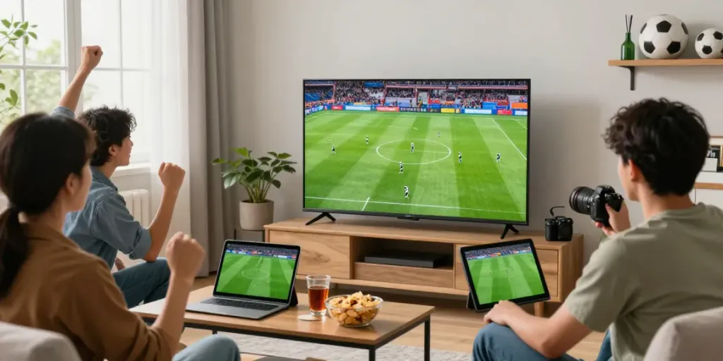 Fans engaging with https://gavangtv.life/ for live football streaming at home with friends, showcasing a vibrant sports atmosphere.