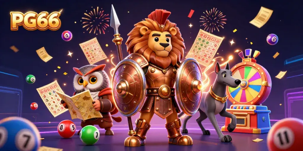 Engage in thrilling games on PG66 with an exciting illustration of a heroic Spartan lion and vibrant casino elements.