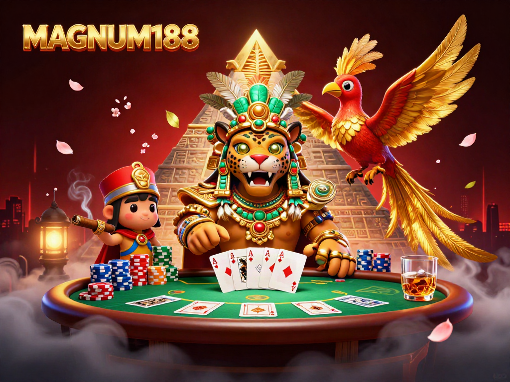 Experience MAGNUM188 with stunning casino visuals, featuring a Mayan priest and vibrant gaming elements.