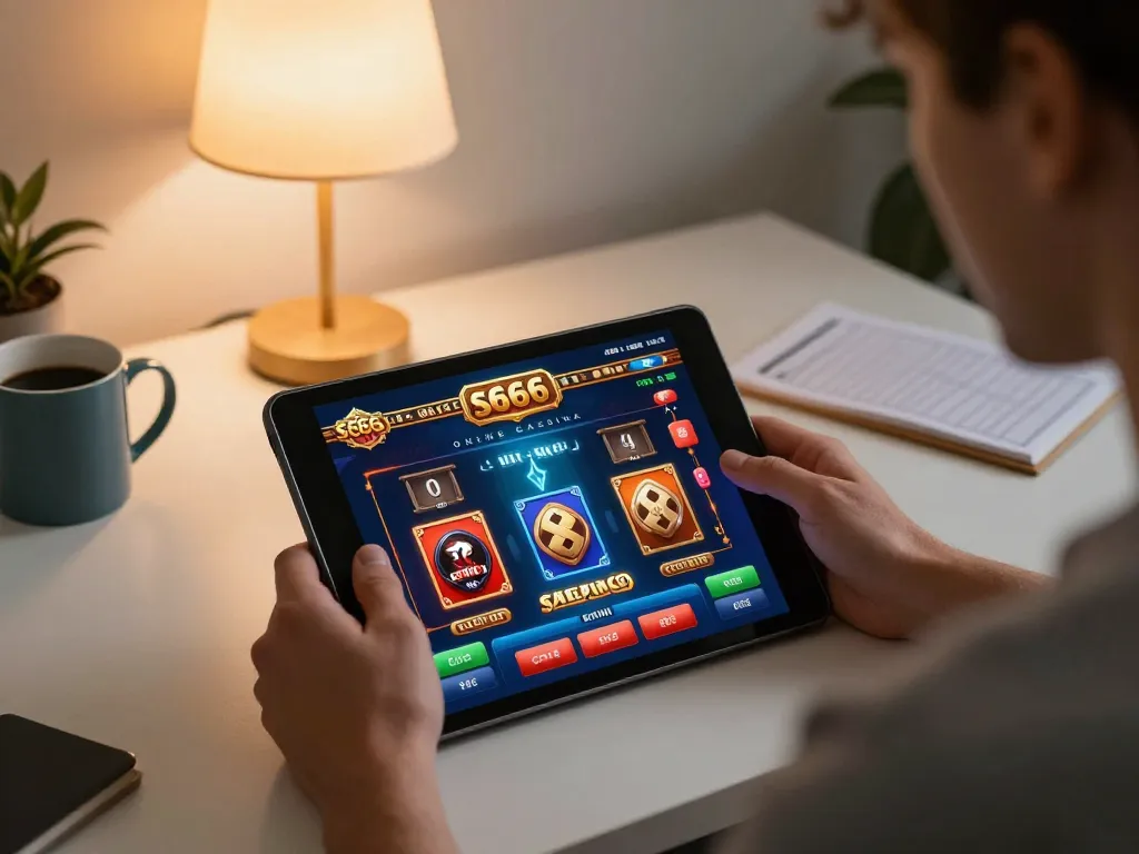 Player engaging with s666 online casino on a tablet in a cozy home environment.