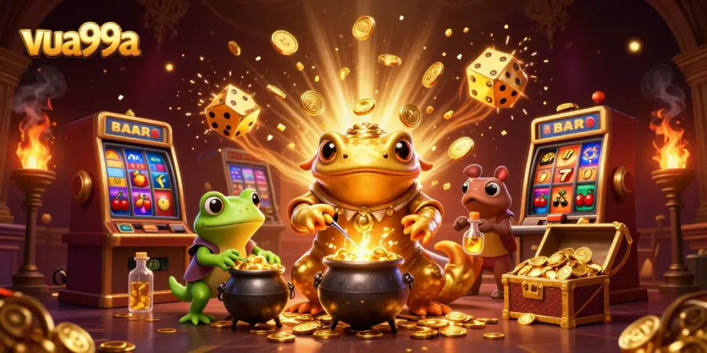 Experience the exciting world of vua99a with a golden salamander alchemist in a vibrant 3D casino