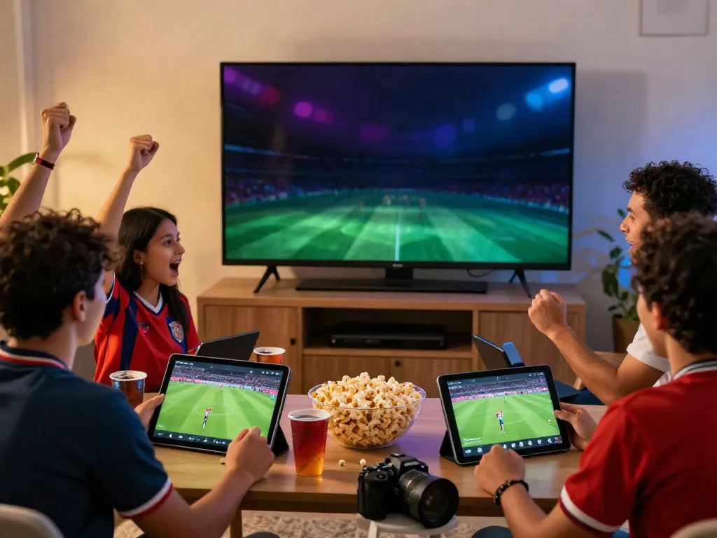 Fans enjoying live football streaming at https://thapcamtvlive.live/ with devices and snacks in a vibrant setting.