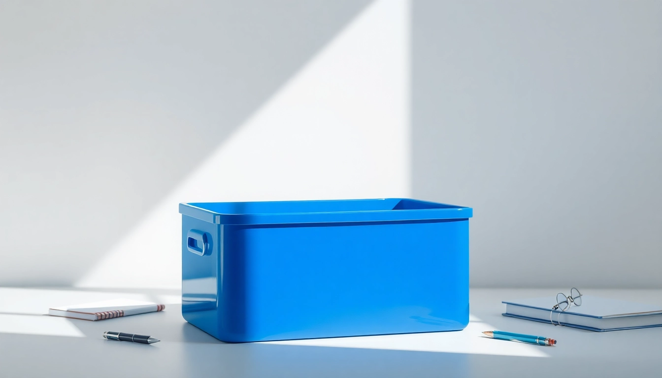 Organized storage box displayed in an elegant setting with office items, emphasizing neatness.