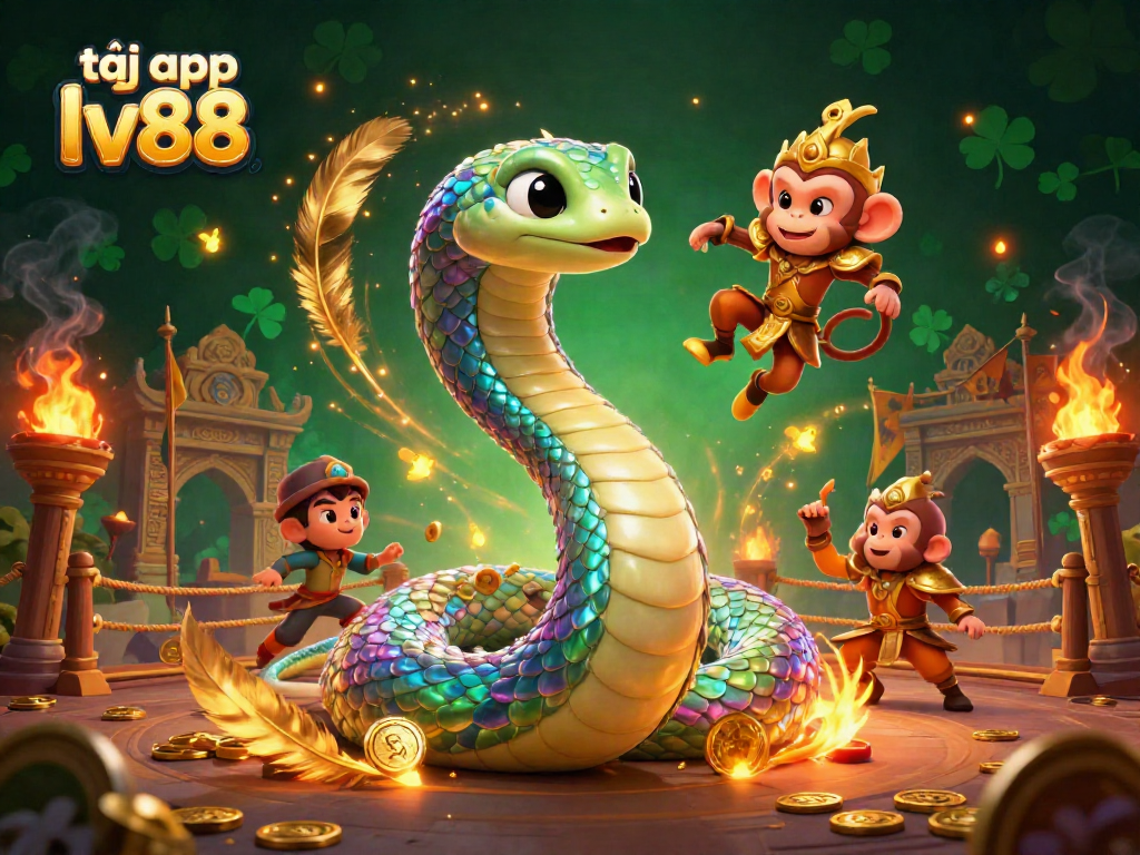 Experience the excitement at tại app lv88 with vibrant visuals, featuring a colorful serpent and playful characters in an energetic casino scene.
