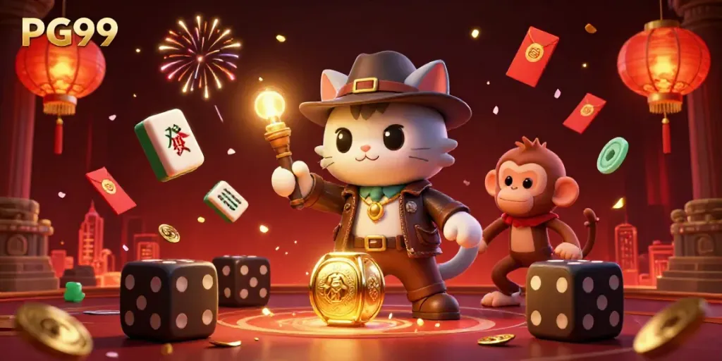 Engage with PG99's electrifying casino adventure featuring an archaeologist cat and monkey amid golden treasures.