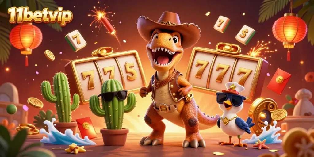 Experience thrilling gaming adventures at 11betvip with exciting slot reels and vibrant characters.