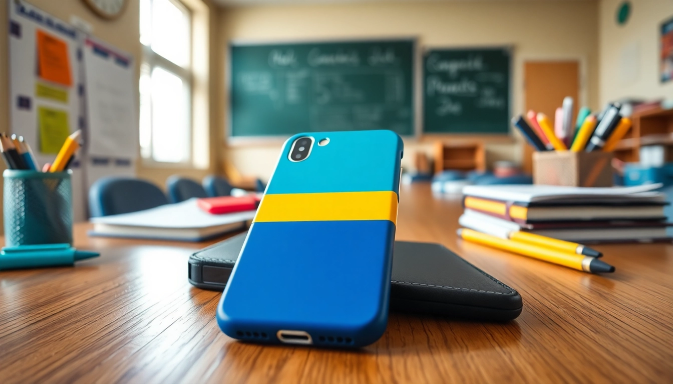 Handytasche Klassenzimmer auf dem Schreibtisch mit Schulmaterialien und hellen Farben.