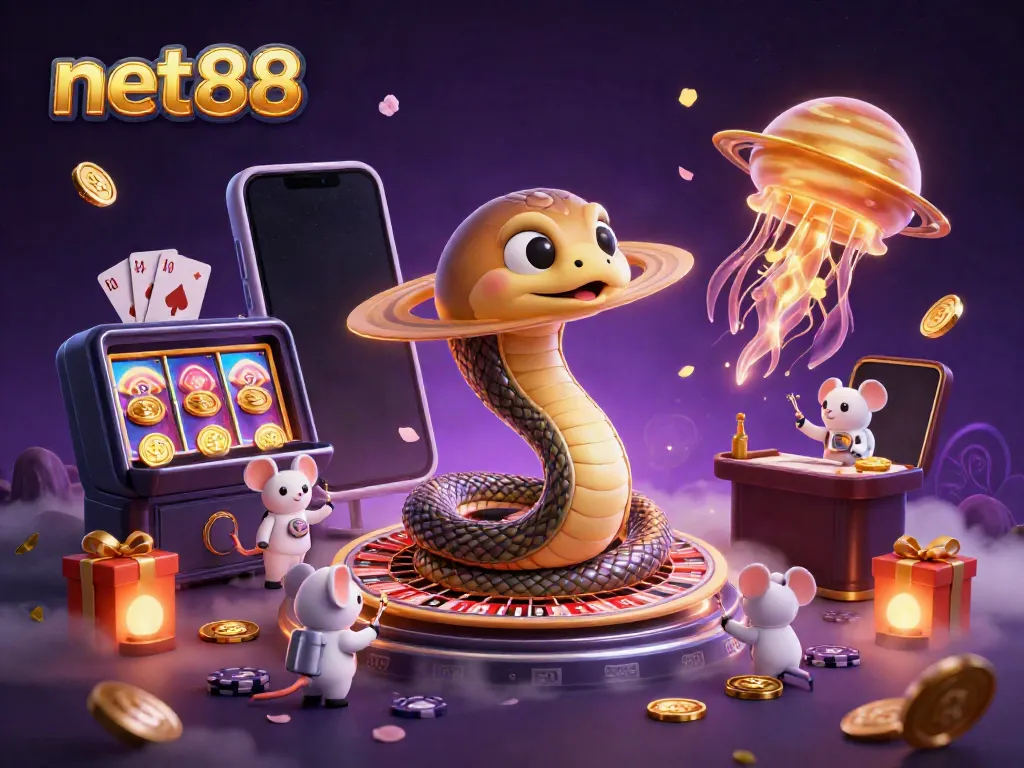 Engage with net88's dynamic space-themed casino world featuring astronaut mice and cosmic elements.