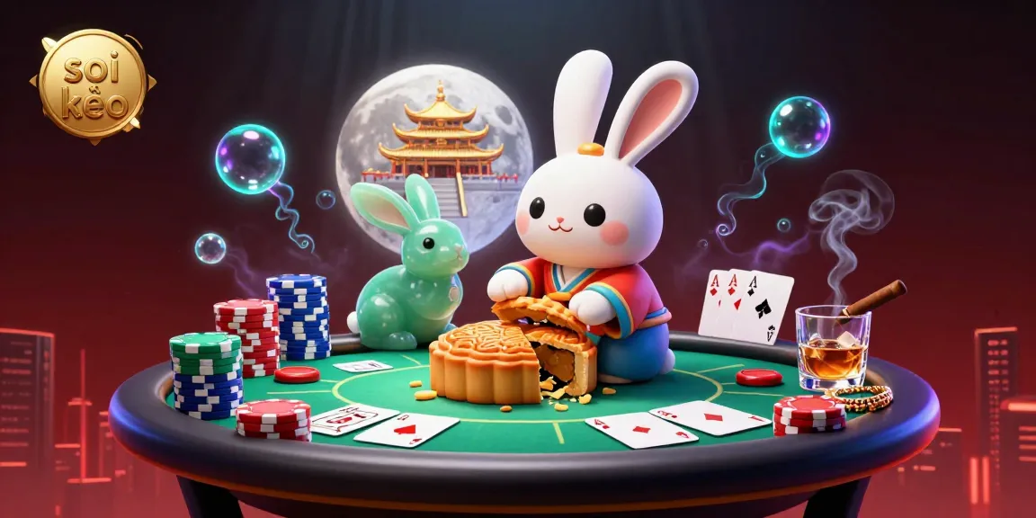Experience soi kèo action with a moon rabbit pounding mooncakes revealing poker chips, surrounded by vibrant casino elements.