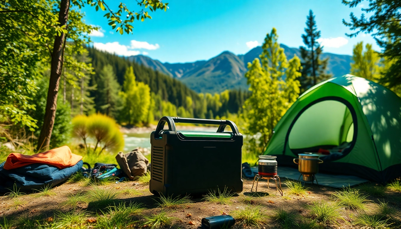 EcoFlow portable power station displayed in a scenic campsite, showcasing its outdoor versatility and energy efficiency.