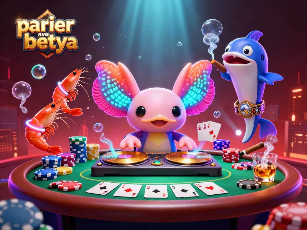 Engage with parier avec betya through a vibrant casino scene featuring animated axolotl DJ and lively shrimp dancers.