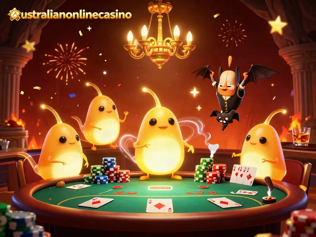 Experience a vibrant game night with australianonlinecasino's glowworms lighting a cave casino scene.
