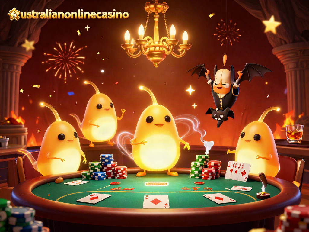 Experience a vibrant game night with australianonlinecasino's glowworms lighting a cave casino scene.